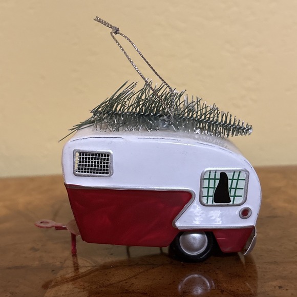 The Unbranded Brand Other - Retro Style Camper Trailer Christmas Ornament Red White Tin w/ Tree